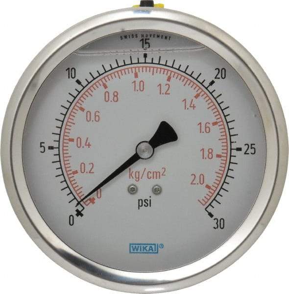 Wika - 4" Dial, 1/4 Thread, 0-30 Scale Range, Pressure Gauge - Lower Back Connection Mount, Accurate to 1% of Scale - Apex Tool & Supply