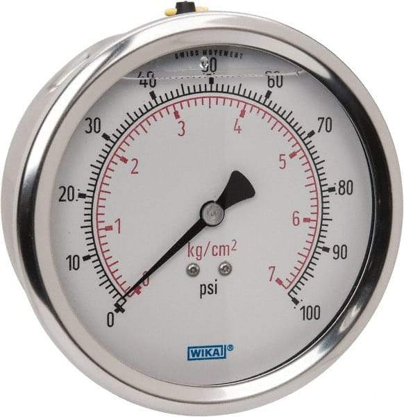 Wika - 4" Dial, 1/4 Thread, 0-100 Scale Range, Pressure Gauge - Lower Back Connection Mount, Accurate to 1% of Scale - Apex Tool & Supply