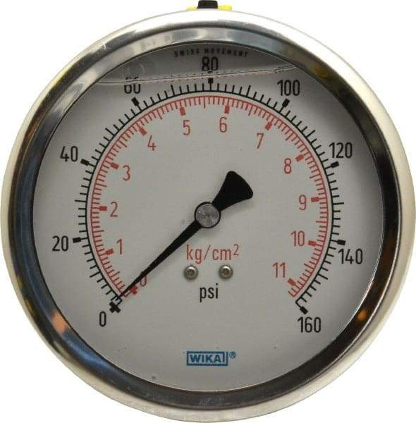 Wika - 4" Dial, 1/4 Thread, 0-160 Scale Range, Pressure Gauge - Lower Back Connection Mount, Accurate to 1% of Scale - Apex Tool & Supply
