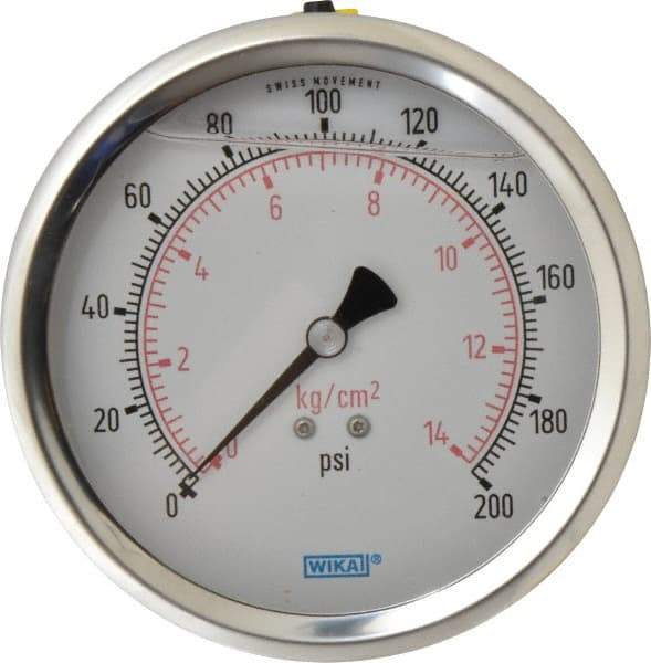 Wika - 4" Dial, 1/4 Thread, 0-200 Scale Range, Pressure Gauge - Lower Back Connection Mount, Accurate to 1% of Scale - Apex Tool & Supply