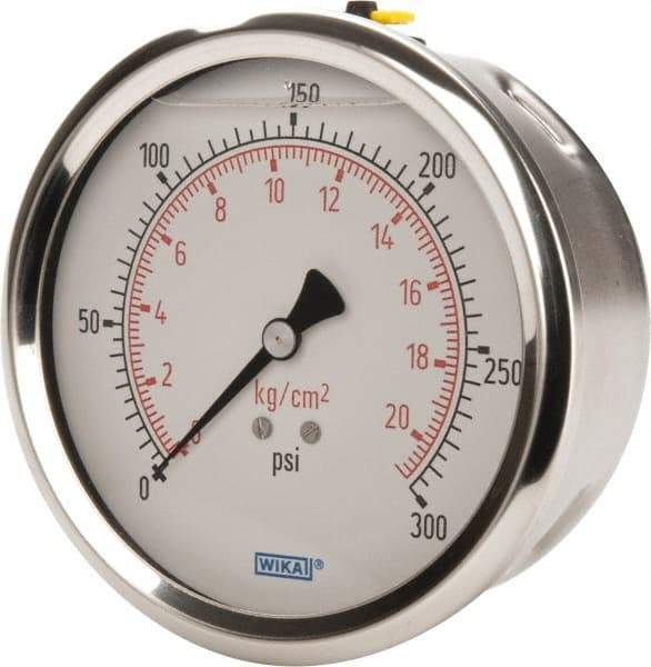 Wika - 4" Dial, 1/4 Thread, 0-300 Scale Range, Pressure Gauge - Lower Back Connection Mount, Accurate to 1% of Scale - Apex Tool & Supply