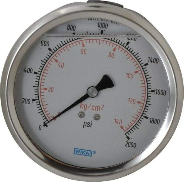 Wika - 4" Dial, 1/4 Thread, 0-2,000 Scale Range, Pressure Gauge - Lower Back Connection Mount, Accurate to 1% of Scale - Apex Tool & Supply