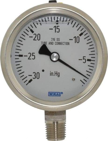 Wika - 2-1/2" Dial, 1/4 Thread, 30-0 Scale Range, Pressure Gauge - Lower Connection Mount, Accurate to 1.5% of Scale - Apex Tool & Supply