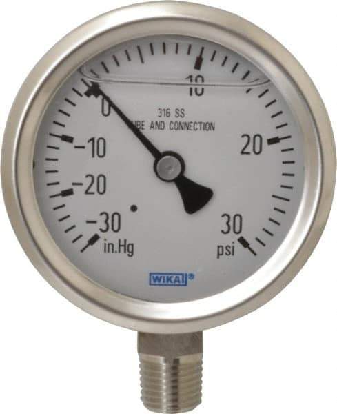 Wika - 2-1/2" Dial, 1/4 Thread, 30-0-30 Scale Range, Pressure Gauge - Lower Connection Mount, Accurate to 1.5% of Scale - Apex Tool & Supply