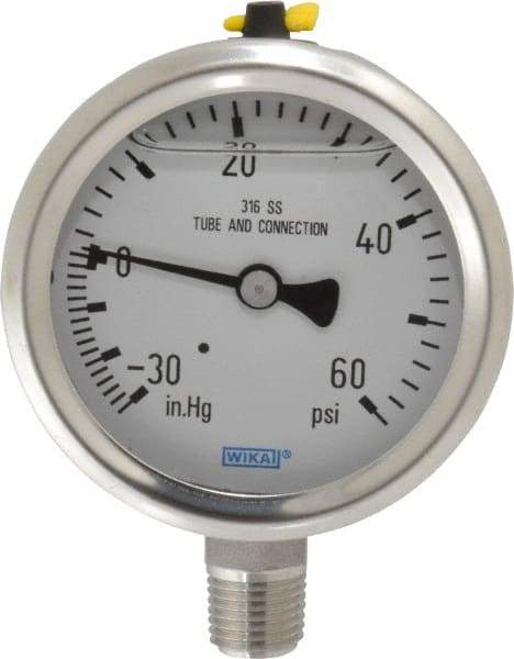 Wika - 2-1/2" Dial, 1/4 Thread, 30-0-60 Scale Range, Pressure Gauge - Lower Connection Mount, Accurate to 1.5% of Scale - Apex Tool & Supply