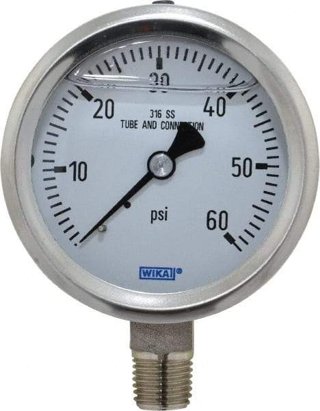 Wika - 2-1/2" Dial, 1/4 Thread, 0-60 Scale Range, Pressure Gauge - Lower Connection Mount, Accurate to 1.5% of Scale - Apex Tool & Supply