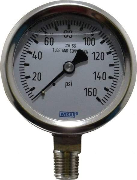 Wika - 2-1/2" Dial, 1/4 Thread, 0-160 Scale Range, Pressure Gauge - Lower Connection Mount, Accurate to 1.5% of Scale - Apex Tool & Supply