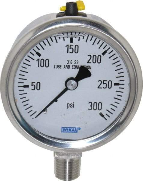 Wika - 2-1/2" Dial, 1/4 Thread, 0-300 Scale Range, Pressure Gauge - Lower Connection Mount, Accurate to 1.5% of Scale - Apex Tool & Supply
