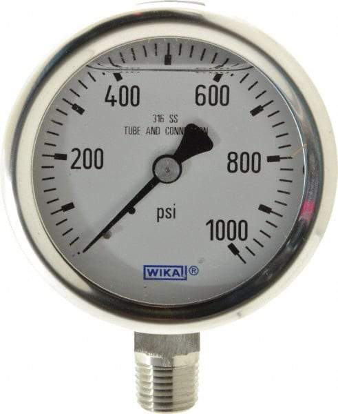 Wika - 2-1/2" Dial, 1/4 Thread, 0-1,000 Scale Range, Pressure Gauge - Lower Connection Mount, Accurate to 1.5% of Scale - Apex Tool & Supply