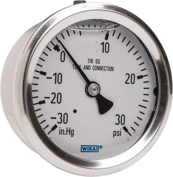 Wika - 2-1/2" Dial, 1/4 Thread, 30-0-30 Scale Range, Pressure Gauge - Center Back Connection Mount, Accurate to 1.5% of Scale - Apex Tool & Supply
