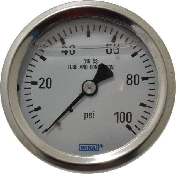 Wika - 2-1/2" Dial, 1/4 Thread, 0-100 Scale Range, Pressure Gauge - Center Back Connection Mount, Accurate to 1.5% of Scale - Apex Tool & Supply
