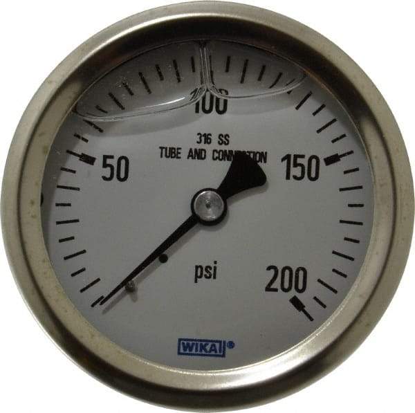 Wika - 2-1/2" Dial, 1/4 Thread, 0-200 Scale Range, Pressure Gauge - Center Back Connection Mount, Accurate to 1.5% of Scale - Apex Tool & Supply