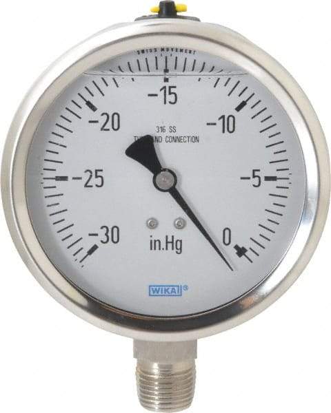 Wika - 4" Dial, 1/2 Thread, 30-0 Scale Range, Pressure Gauge - Lower Connection Mount, Accurate to 1% of Scale - Apex Tool & Supply