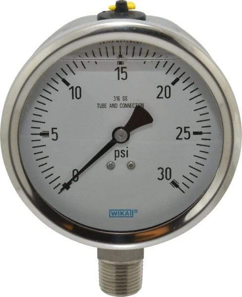 Wika - 4" Dial, 1/2 Thread, 0-30 Scale Range, Pressure Gauge - Lower Connection Mount, Accurate to 1% of Scale - Apex Tool & Supply