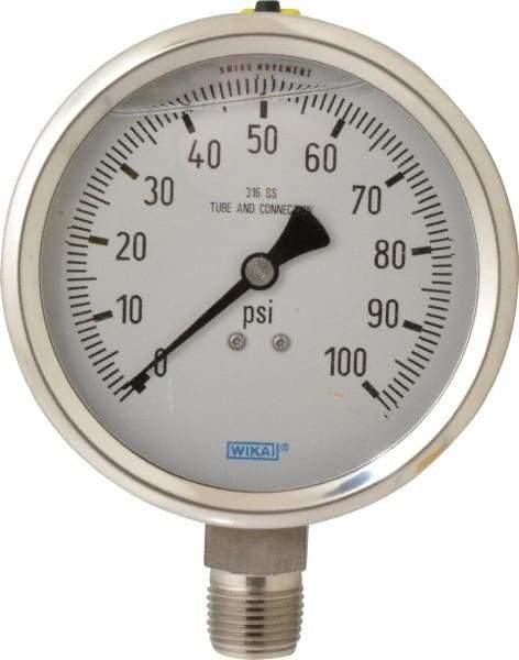 Wika - 4" Dial, 1/2 Thread, 0-100 Scale Range, Pressure Gauge - Lower Connection Mount, Accurate to 1% of Scale - Apex Tool & Supply
