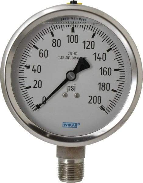 Wika - 4" Dial, 1/2 Thread, 0-200 Scale Range, Pressure Gauge - Lower Connection Mount, Accurate to 1% of Scale - Apex Tool & Supply