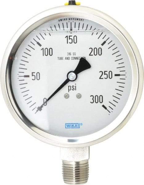 Wika - 4" Dial, 1/2 Thread, 0-300 Scale Range, Pressure Gauge - Lower Connection Mount, Accurate to 1% of Scale - Apex Tool & Supply
