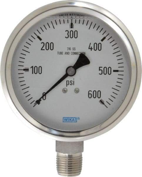 Wika - 4" Dial, 1/2 Thread, 0-600 Scale Range, Pressure Gauge - Lower Connection Mount, Accurate to 1% of Scale - Apex Tool & Supply