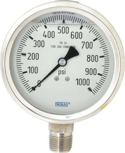 Wika - 4" Dial, 1/2 Thread, 0-1,000 Scale Range, Pressure Gauge - Lower Connection Mount, Accurate to 1% of Scale - Apex Tool & Supply