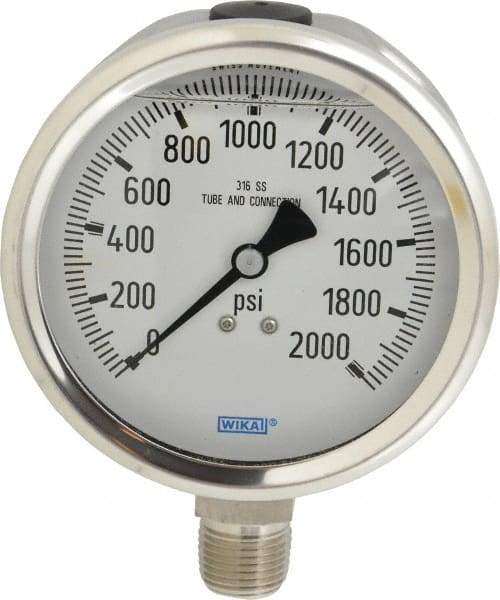 Wika - 4" Dial, 1/2 Thread, 0-2,000 Scale Range, Pressure Gauge - Lower Connection Mount, Accurate to 1% of Scale - Apex Tool & Supply