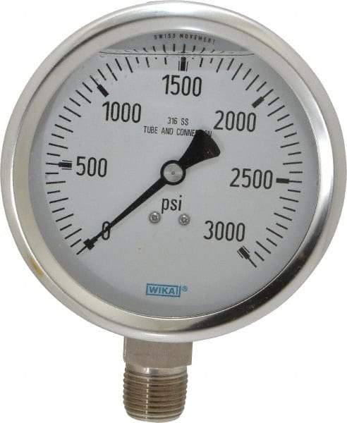 Wika - 4" Dial, 1/2 Thread, 0-3,000 Scale Range, Pressure Gauge - Lower Connection Mount, Accurate to 1% of Scale - Apex Tool & Supply