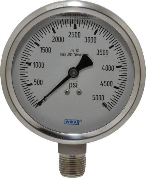 Wika - 4" Dial, 1/2 Thread, 0-5,000 Scale Range, Pressure Gauge - Lower Connection Mount, Accurate to 1% of Scale - Apex Tool & Supply