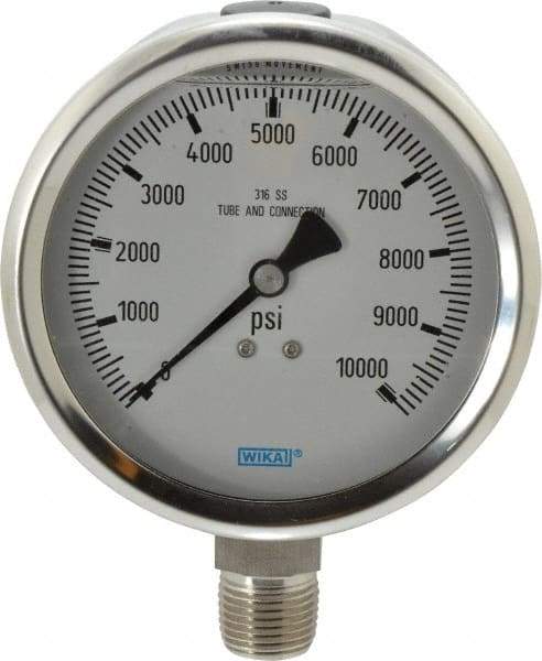 Wika - 4" Dial, 1/2 Thread, 0-10,000 Scale Range, Pressure Gauge - Lower Connection Mount, Accurate to 1% of Scale - Apex Tool & Supply