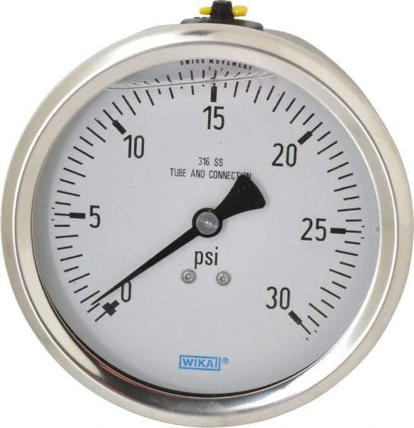 Wika - 4" Dial, 1/2 Thread, 0-30 Scale Range, Pressure Gauge - Lower Back Connection Mount, Accurate to 1% of Scale - Apex Tool & Supply