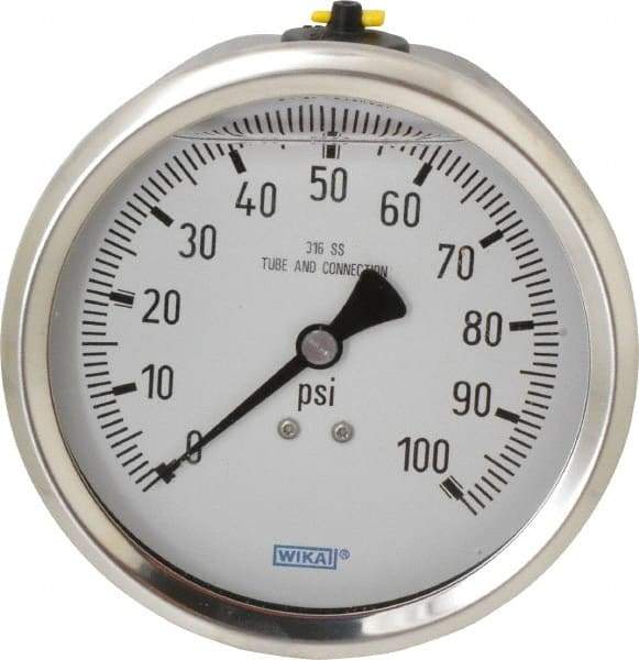 Wika - 4" Dial, 1/2 Thread, 0-100 Scale Range, Pressure Gauge - Lower Back Connection Mount, Accurate to 1% of Scale - Apex Tool & Supply