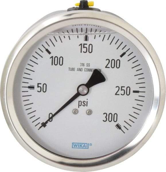 Wika - 4" Dial, 1/2 Thread, 0-300 Scale Range, Pressure Gauge - Lower Back Connection Mount, Accurate to 1% of Scale - Apex Tool & Supply