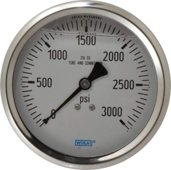 Wika - 4" Dial, 1/2 Thread, 0-3,000 Scale Range, Pressure Gauge - Lower Back Connection Mount, Accurate to 1% of Scale - Apex Tool & Supply