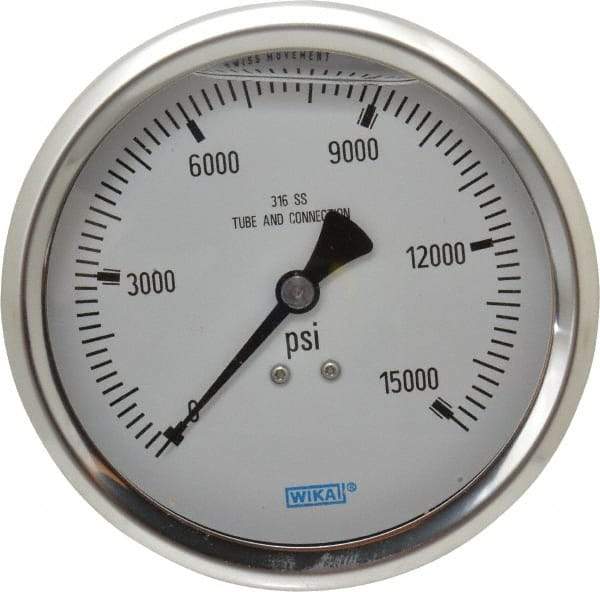 Wika - 4" Dial, 1/2 Thread, 0-15,000 Scale Range, Pressure Gauge - Lower Back Connection Mount, Accurate to 1% of Scale - Apex Tool & Supply