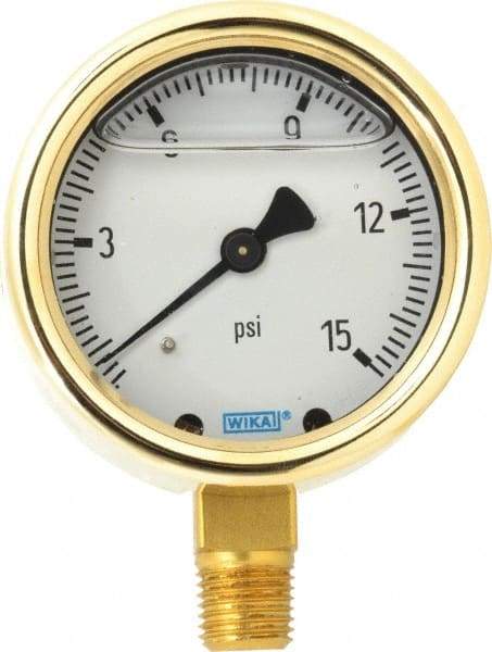 Wika - 2-1/2" Dial, 1/4 Thread, 0-15 Scale Range, Pressure Gauge - Lower Connection Mount, Accurate to 1.5% of Scale - Apex Tool & Supply