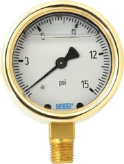 Wika - 2-1/2" Dial, 1/4 Thread, 0-15 Scale Range, Pressure Gauge - Lower Connection Mount, Accurate to 1.5% of Scale - Apex Tool & Supply