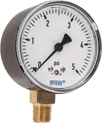 Wika - 2-1/2" Dial, 1/4 Thread, 0-5 Scale Range, Pressure Gauge - Lower Connection Mount, Accurate to 1.5% of Scale - Apex Tool & Supply