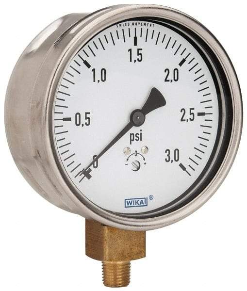 Wika - 4" Dial, 1/4 Thread, 0-3 Scale Range, Pressure Gauge - Lower Connection Mount, Accurate to 1.5% of Scale - Apex Tool & Supply