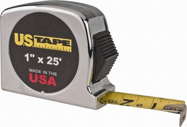 US Tape - 25' x 1" Yellow Blade Tape Measure - 1/32 & 1/16" Graduation, Inch Graduation Style, Silver Case - Apex Tool & Supply