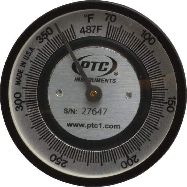 PTC Instruments - 70 to 370°F, 2 Inch Dial Diameter, Pipe Surface Spring Held Thermometer - 2° Division Graduation - Apex Tool & Supply
