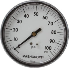 Ashcroft - 3-1/2" Dial, 1/4 Thread, 0-100 Scale Range, Pressure Gauge - Center Back Connection Mount - Apex Tool & Supply