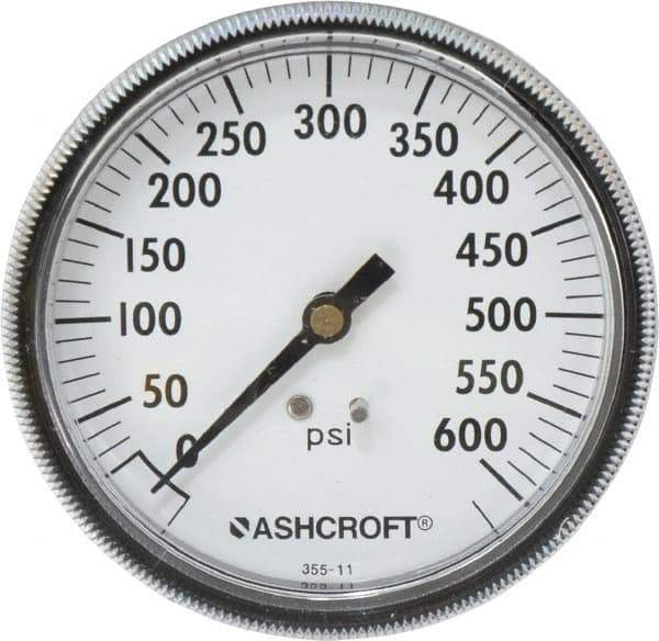 Ashcroft - 3-1/2" Dial, 1/4 Thread, 0-600 Scale Range, Pressure Gauge - Center Back Connection Mount - Apex Tool & Supply