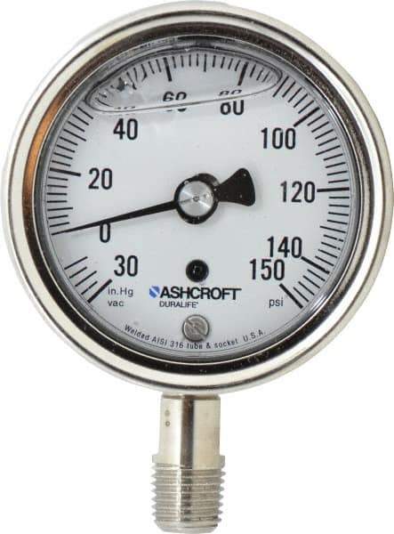 Ashcroft - 2-1/2" Dial, 1/4 Thread, 30-0-150 Scale Range, Pressure Gauge - Lower Connection Mount, Accurate to 1% of Scale - Apex Tool & Supply