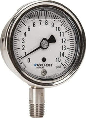 Ashcroft - 2-1/2" Dial, 1/4 Thread, 0-15 Scale Range, Pressure Gauge - Lower Connection Mount, Accurate to 1% of Scale - Apex Tool & Supply