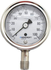 Ashcroft - 2-1/2" Dial, 1/4 Thread, 0-100 Scale Range, Pressure Gauge - Lower Connection Mount, Accurate to 1% of Scale - Apex Tool & Supply
