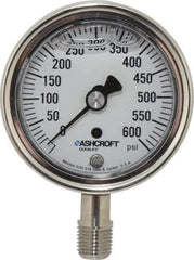 Ashcroft - 2-1/2" Dial, 1/4 Thread, 0-600 Scale Range, Pressure Gauge - Lower Connection Mount, Accurate to 1% of Scale - Apex Tool & Supply