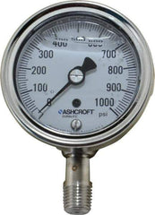 Ashcroft - 2-1/2" Dial, 1/4 Thread, 0-1,000 Scale Range, Pressure Gauge - Lower Connection Mount, Accurate to 1% of Scale - Apex Tool & Supply