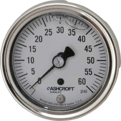 Ashcroft - 2-1/2" Dial, 1/4 Thread, 0-60 Scale Range, Pressure Gauge - Center Back Connection Mount, Accurate to 1% of Scale - Apex Tool & Supply