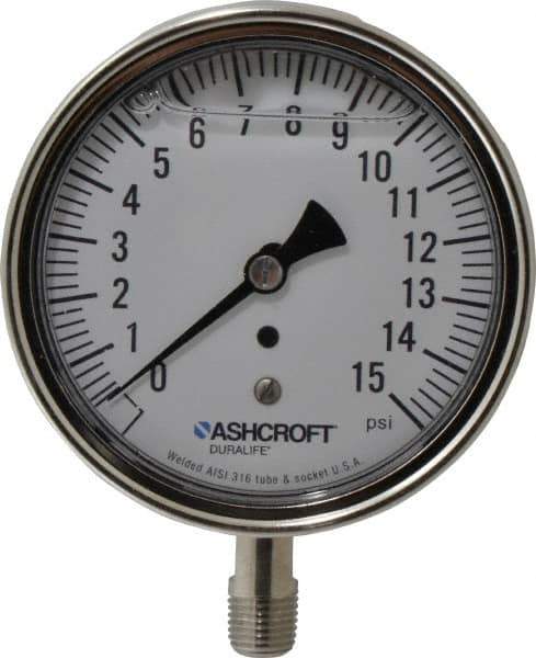 Ashcroft - 3-1/2" Dial, 1/4 Thread, 0-15 Scale Range, Pressure Gauge - Lower Connection Mount, Accurate to 1% of Scale - Apex Tool & Supply