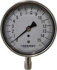 Ashcroft - 3-1/2" Dial, 1/4 Thread, 0-15 Scale Range, Pressure Gauge - Lower Connection Mount, Accurate to 1% of Scale - Apex Tool & Supply