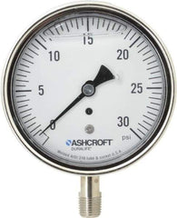 Ashcroft - 3-1/2" Dial, 1/4 Thread, 0-30 Scale Range, Pressure Gauge - Lower Connection Mount, Accurate to 1% of Scale - Apex Tool & Supply