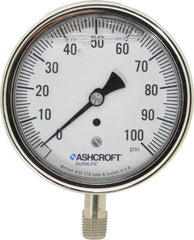 Ashcroft - 3-1/2" Dial, 1/4 Thread, 0-100 Scale Range, Pressure Gauge - Lower Connection Mount, Accurate to 1% of Scale - Apex Tool & Supply